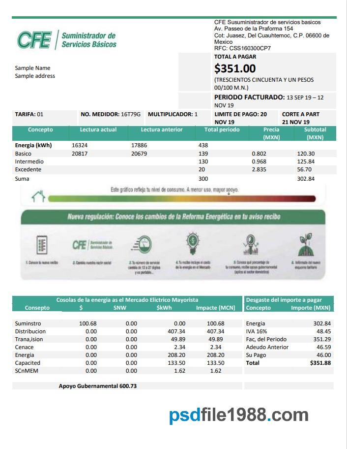 Mexico Electricity CFE Utility Bill